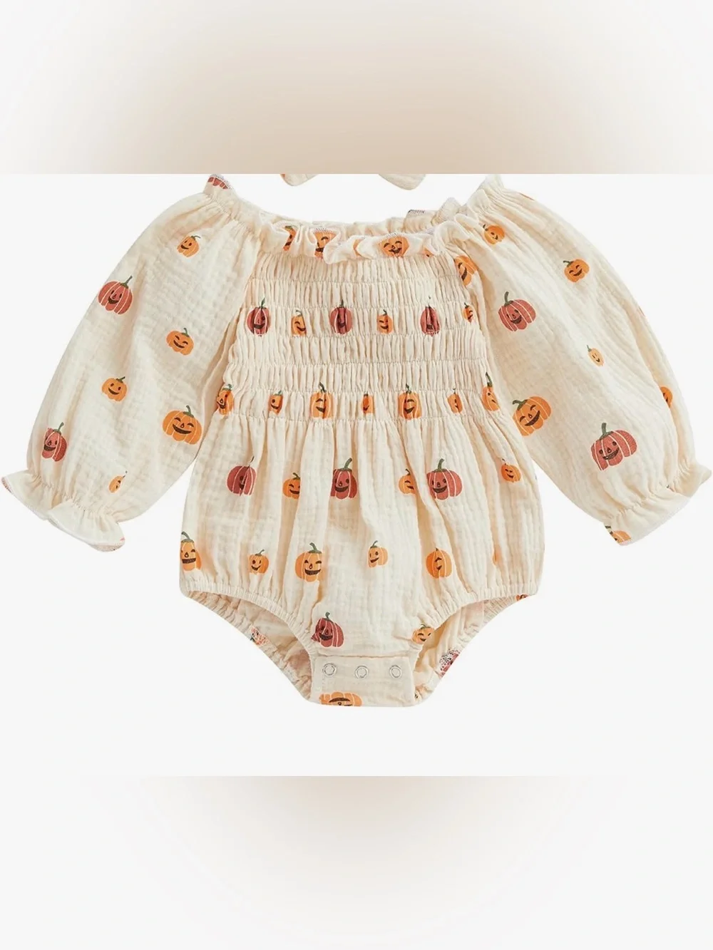 Halloween Baby Pumpkin Print Long-Sleeve Romper - Cream 6-12 month
